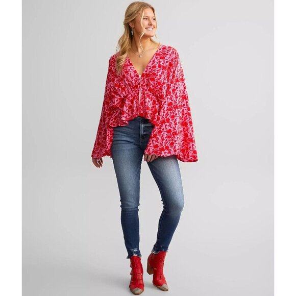 Band Of The Free Pink Red Pheasant XS/S Shirt Blouse Wing Floral Ruffle Boho Top - Picture 3 of 5